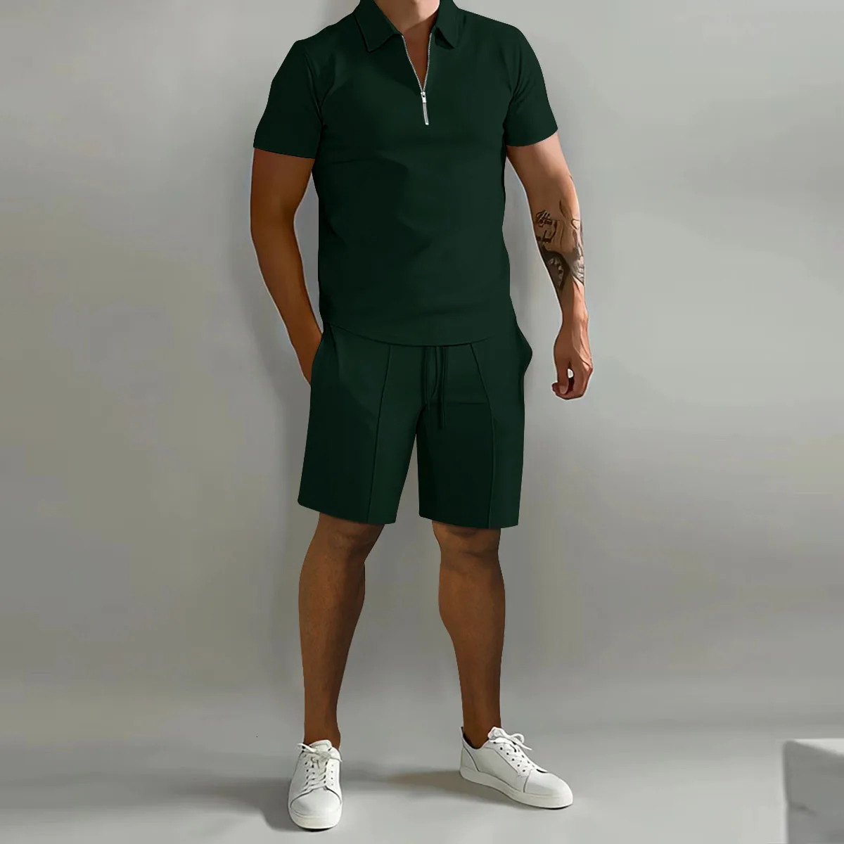 Summer style Mens Fashion Trend Fitness Sports Loose Short Sleeve Shorts Suit Mens Casual Solid Color POLO Shirt 250304
