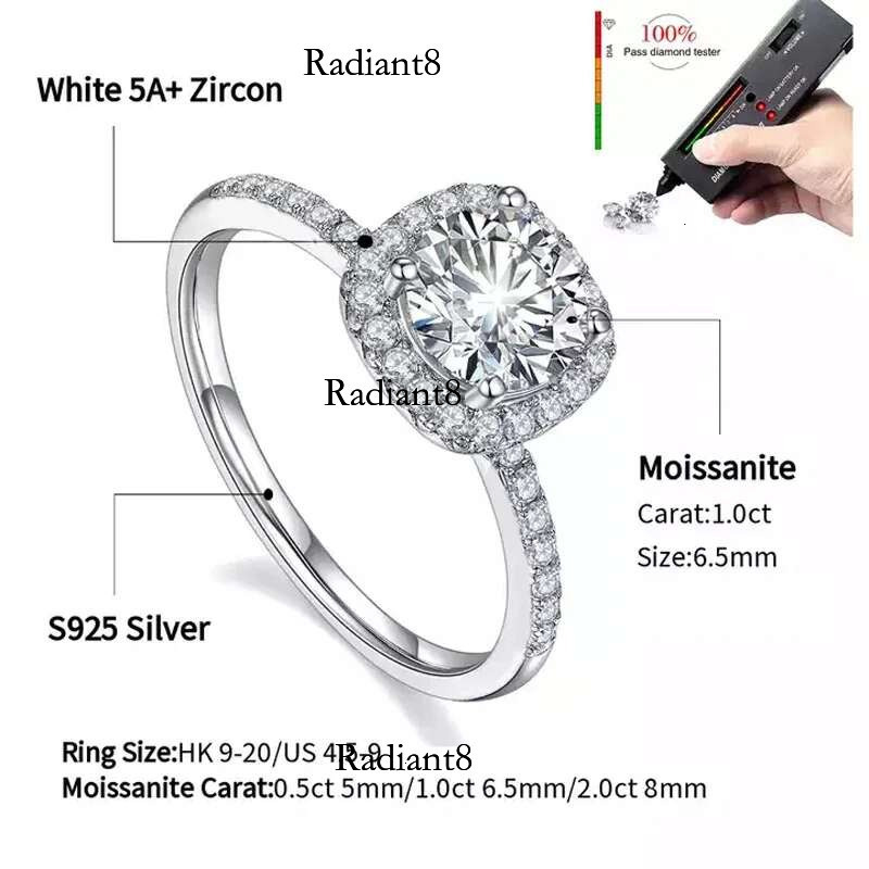 Real Moissanite Sterg Sier Ring For Women Square Round 1CT 2CT 3CT Brilliant Dia Finger Band Wedding Jewelry Gift