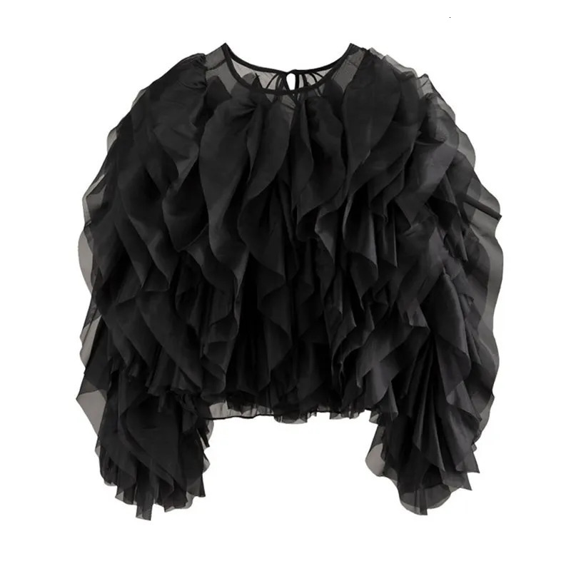 TWOTWINSTYLE Ruffles Shirts For Women O Neck Lantern Sleeve Loose Pullover Summer Blouse Female Fashion Style Clothing 250228