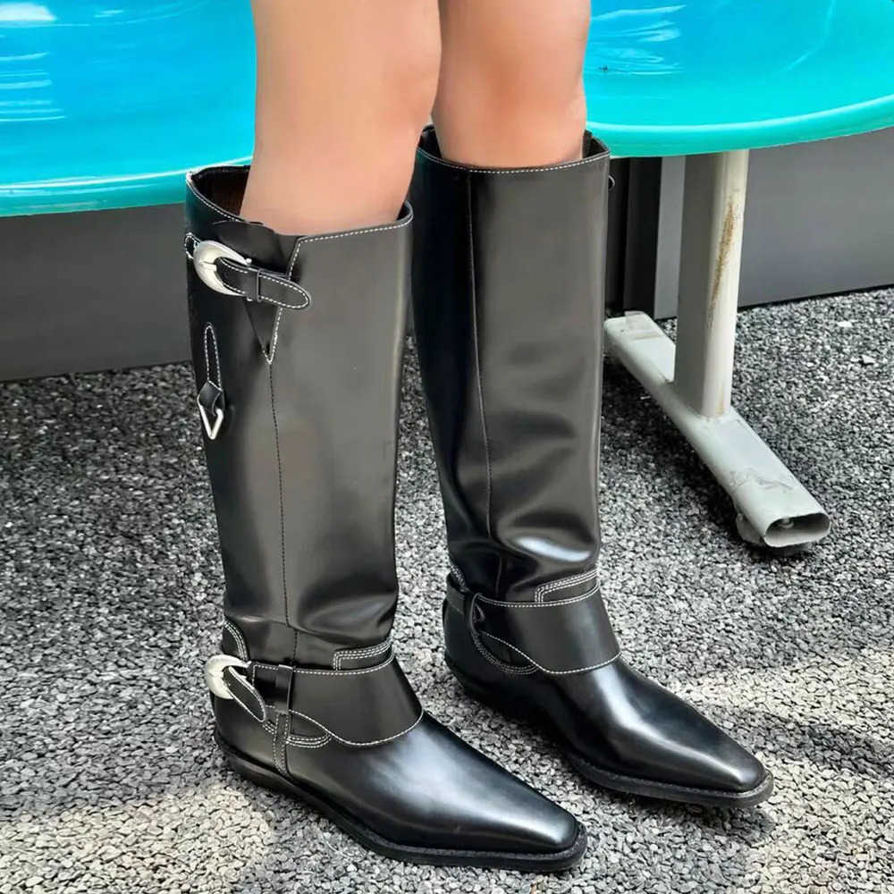 High Quality Brand New Punk Buckle Belt Black Cowboy Boots Square-heeled Pointy Toe Vintage Brown Motorcycles Boots Wen Shoes Z250304