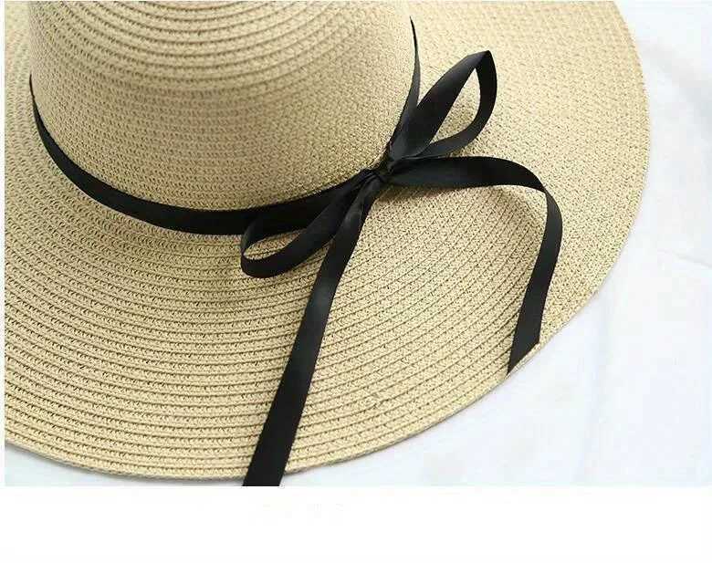 Large Eave Sunscreen Foldable Sun Hat Black Bow Tie Dge Beach Hat Outdoor Seaside Vacation Fashionable Beach Hat for WomanXJ250304