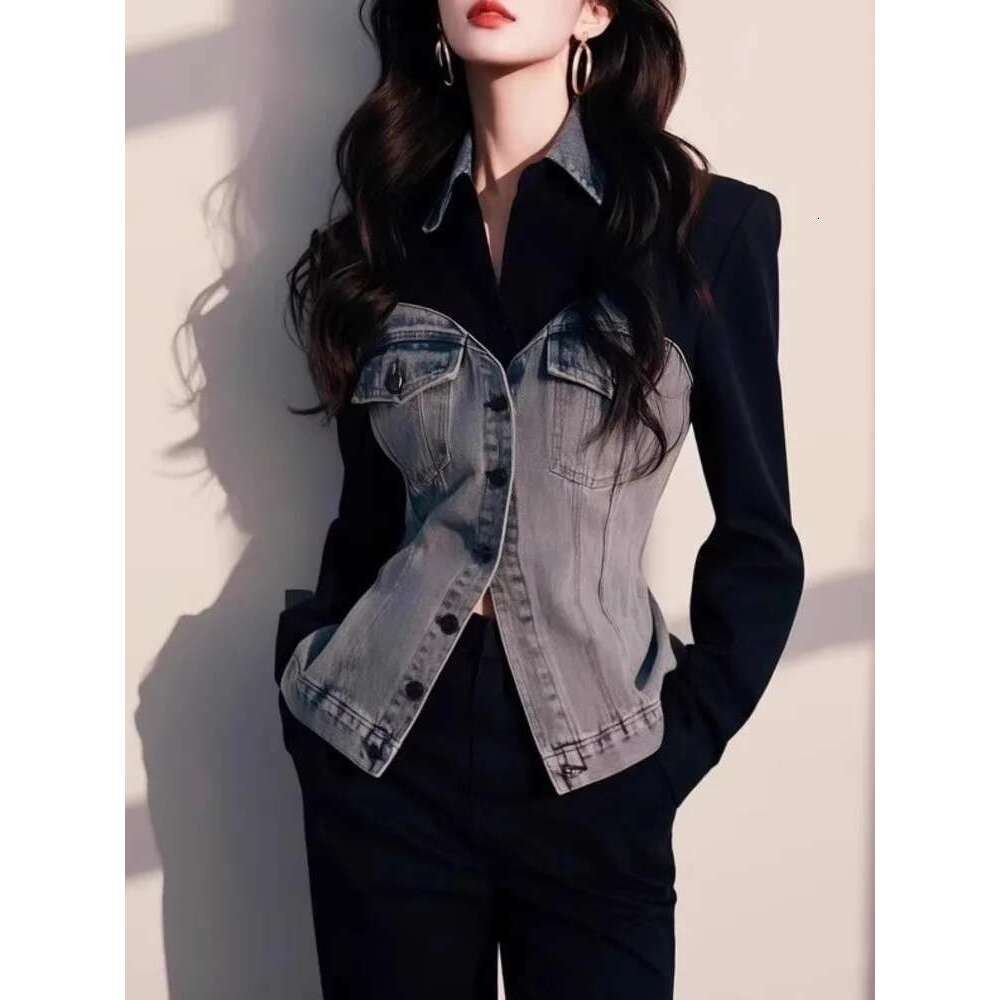 Fashion Denim Patchwork Shirt Women's Lapel Slim Single Breasted Long Sleeves Black Blouse New
