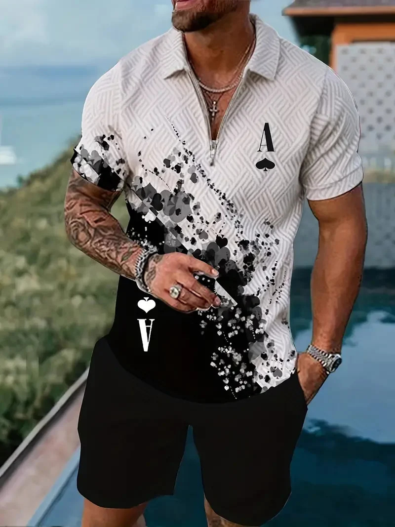 Mens 3D Graphic Print Polo Shirt Shorts Set For Business Casual Activity Summer Stylistic 2 Pcs Outfits Plus Size Clothing Set 250304