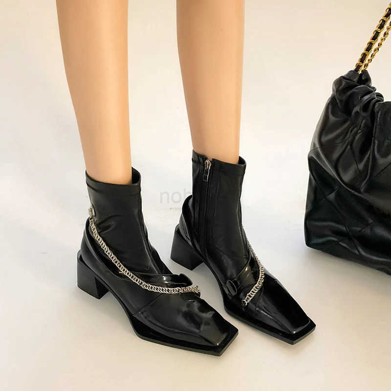 Designer Vintage Boots Wen Thick High Square Toe Zipper Autumn Winter Ladies Slim Short Booties Z250304