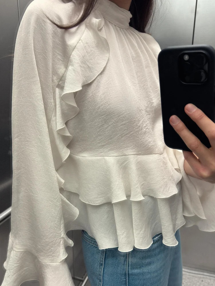 Fashion Temperament Women Ruffle Edge Blouse Chic Stand Up Collar Long Sleeved Shirt Top Spring Elegant Lady Short Tops 250228