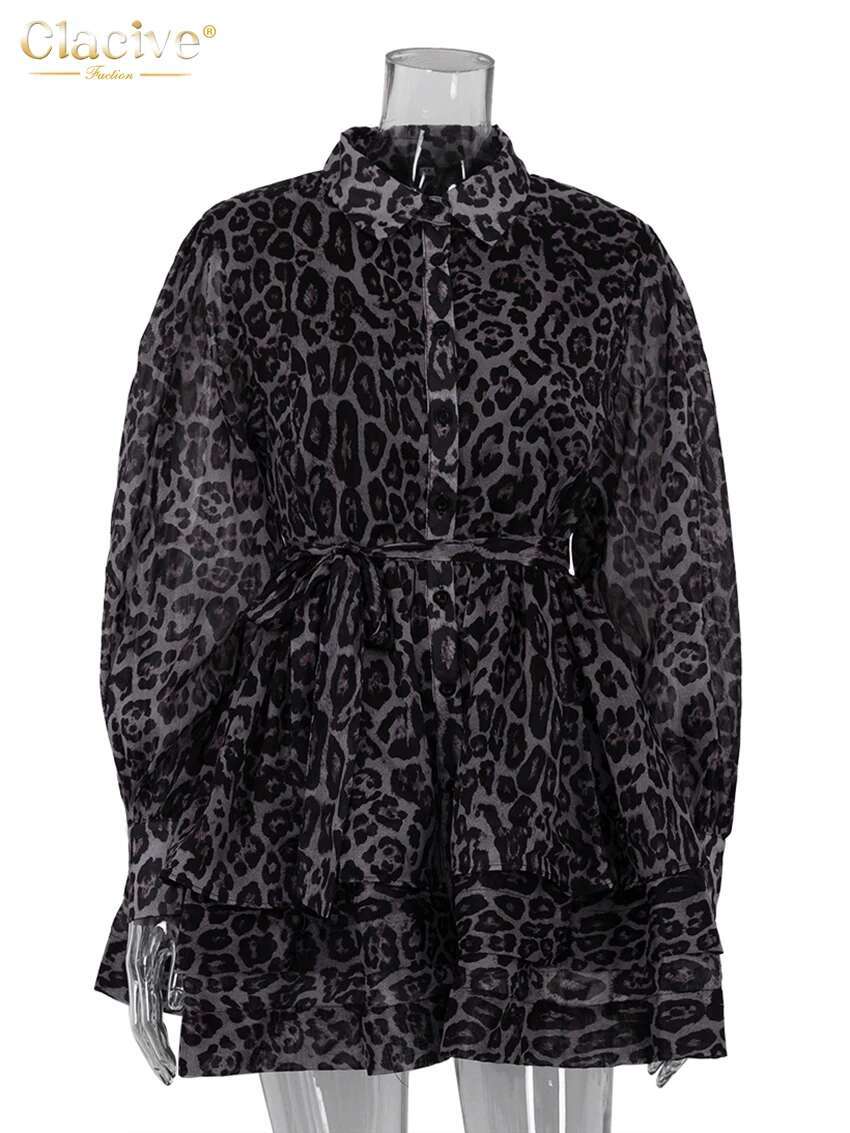 Clacive Fashion Leopard Print Women's 2024 Vintage Lapel Long Sleeve Mini Dresses Elegant High Waist Pleated Female Dress