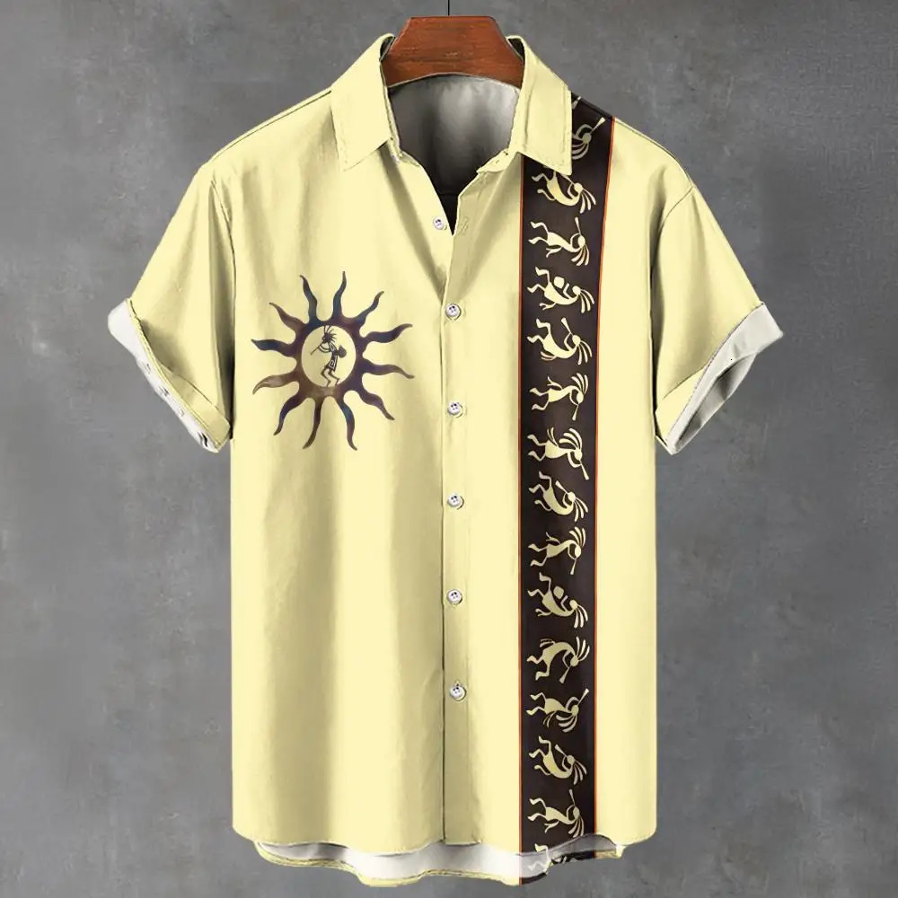 Retro mens shirt ethnic pattern printed short sleeved T-shirt lapel shirt summer fashion casual streetwear mens oversized clothing 250227