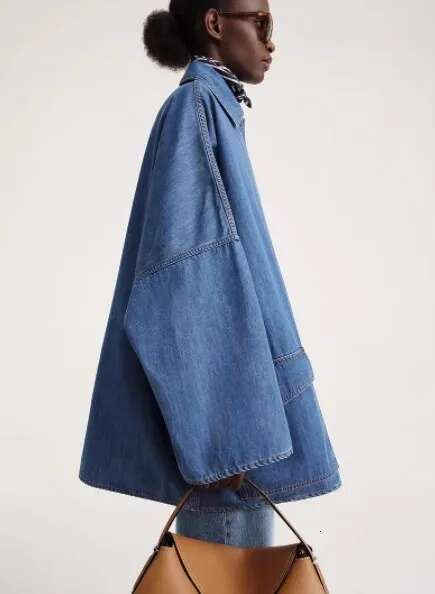 Fashion Women's Denim Coat Lapel Single Breasted Dropped Shoulder Full Sleeves Blue Cotton Jackets Autumn 2025 New Cp2074