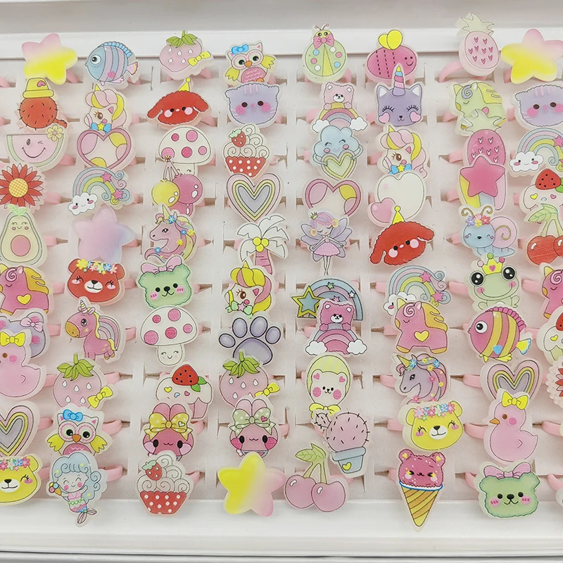 100pcs/Lot Factory Wholesale Open Adjust Child Finger Rings for Party Cosplay Show Resin Jewelry Cute Girls Animal Foods Fruits 250304