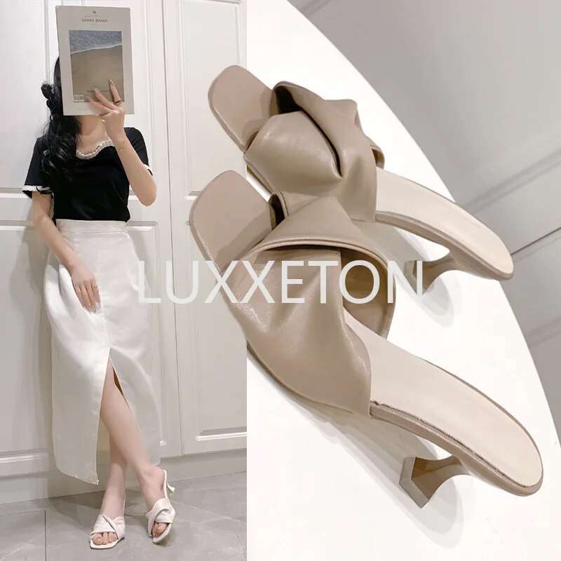 Summer New Women Fashion Square Toe Casual Leather Wear Resistant Roman High Heeled Sandals