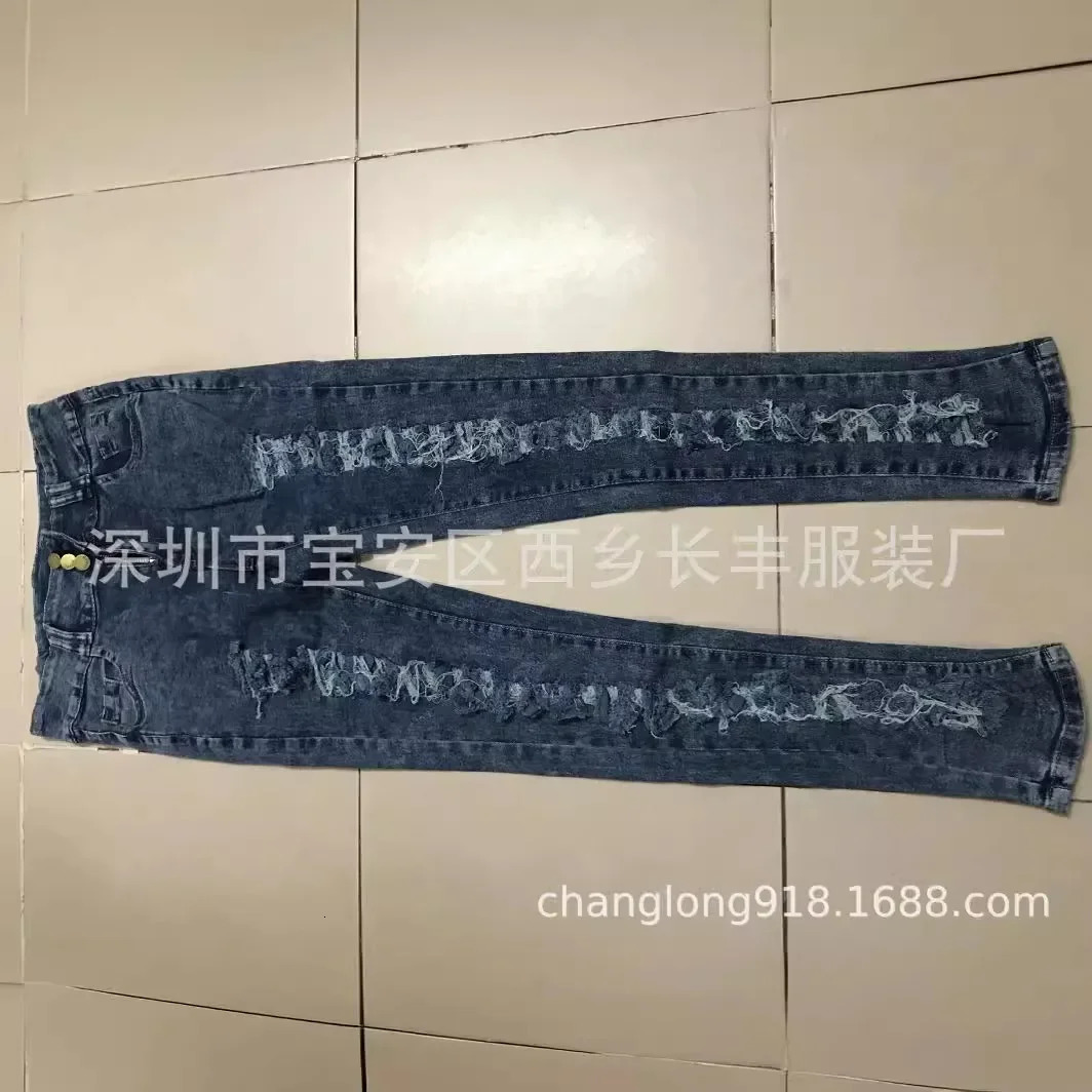 Ankle Length Jean Pencil Denim Hole Pants Ripped Pockets High Waist Skinny Streetwear Button Washed Distressed 250227