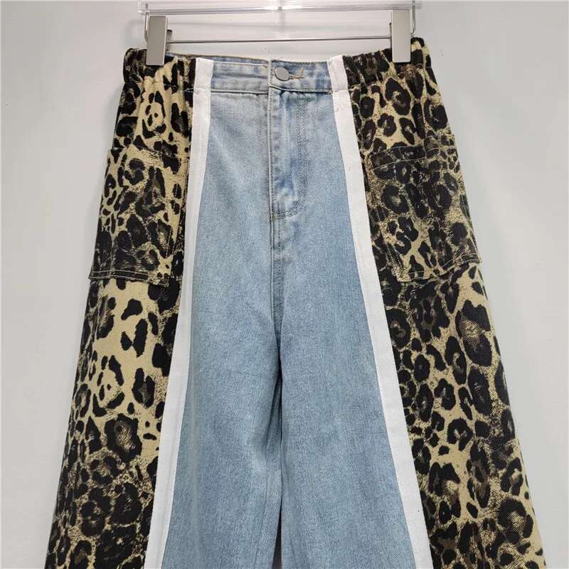 Street Hipster Ing Leopard Print For Women 2024 Autumn New Split Straight Trousers American Style High Waisted Jeans