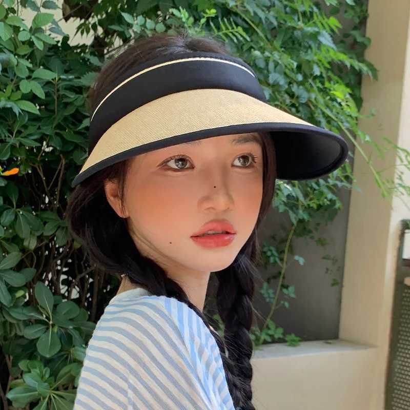 Summer Str Hat for Women Foldable Empty Top Sun Hat Outdoor Beach Anti-UV Protection Wide Brim Female Sunscreen Visor C Golf HatXJ250304
