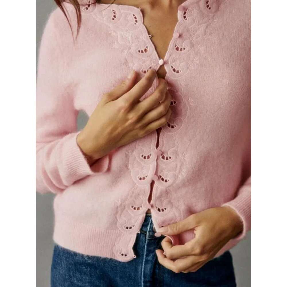 Women's Wool Blend Pink Cardigan Lace Embroidery Hollow Trim Ladies Single Breasted Long Sleeve Round Neck Sweater