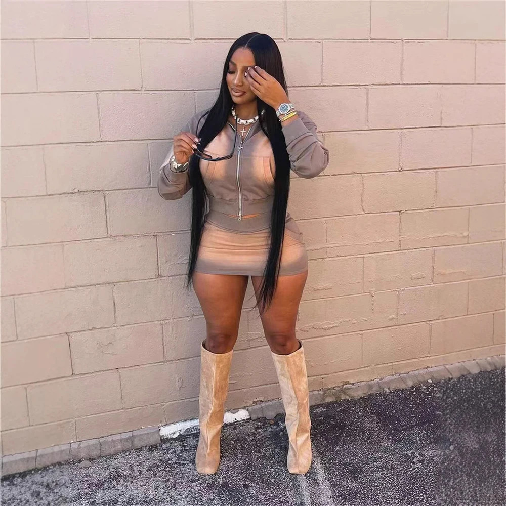 Pink Acid Wash Hoodie Set Women Outfits Casual Fashion Pocket Long Sleeve Zip Up Crop Top and High Waist Skirt Two Piece Sets 250303