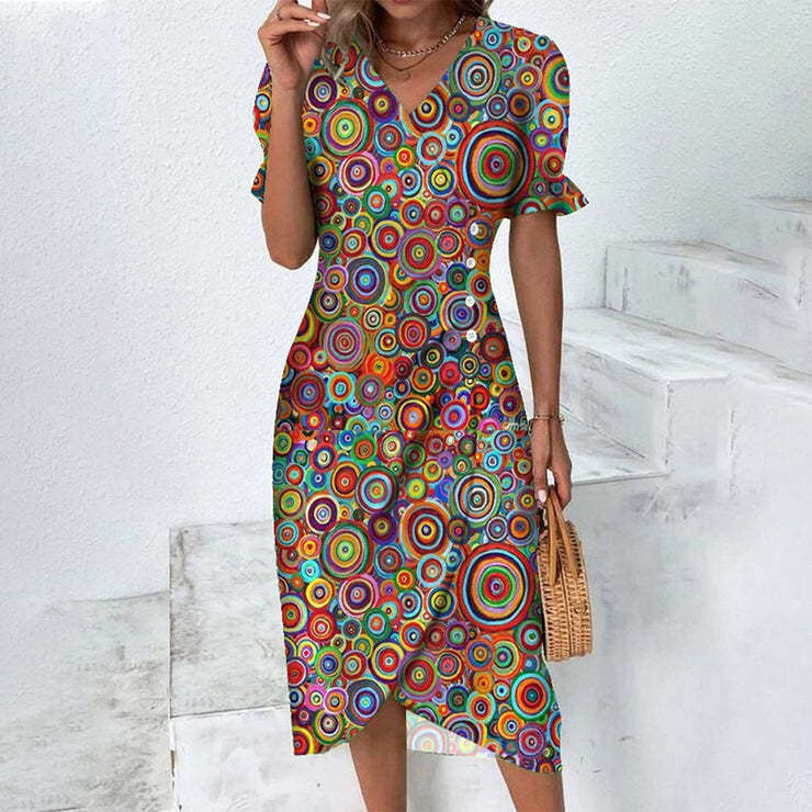 A large number of hot selg summer styles, geometric collage bubble sleeves, irregular hem dresses, 2025 new casual and versatile fashionable clothing