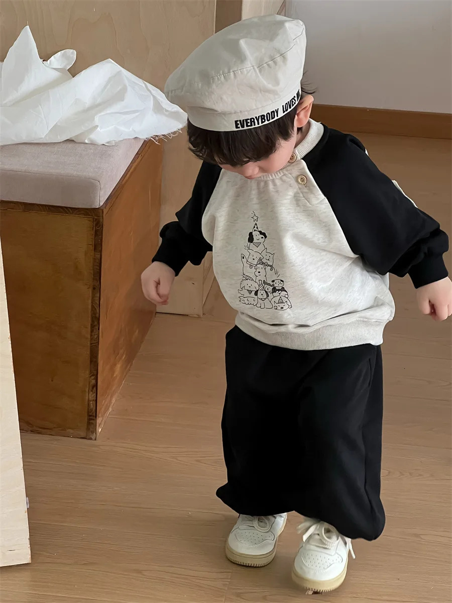 Spring Baby Long Sleeve Clothes Set Boys Cartoon Print Sweatshirt Loose Pants 2pcs Suit Infant Casual Sports Outfits 250304