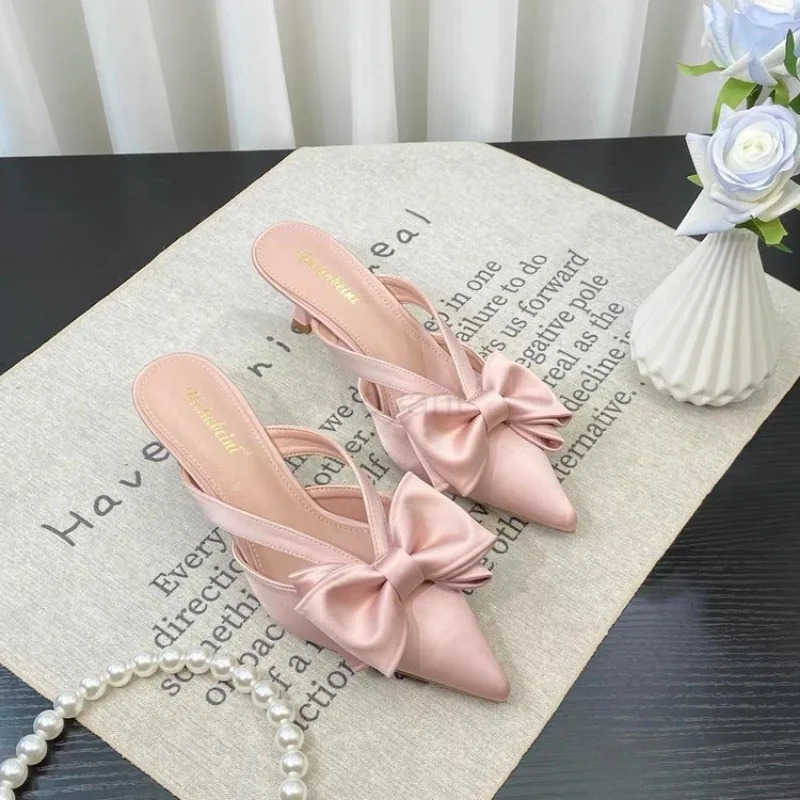 Fairy Style Cool Slippers for Wens Summer 2024 French Pointed Bow Hollow High H Half Wrapped Wens Slippers Z250304