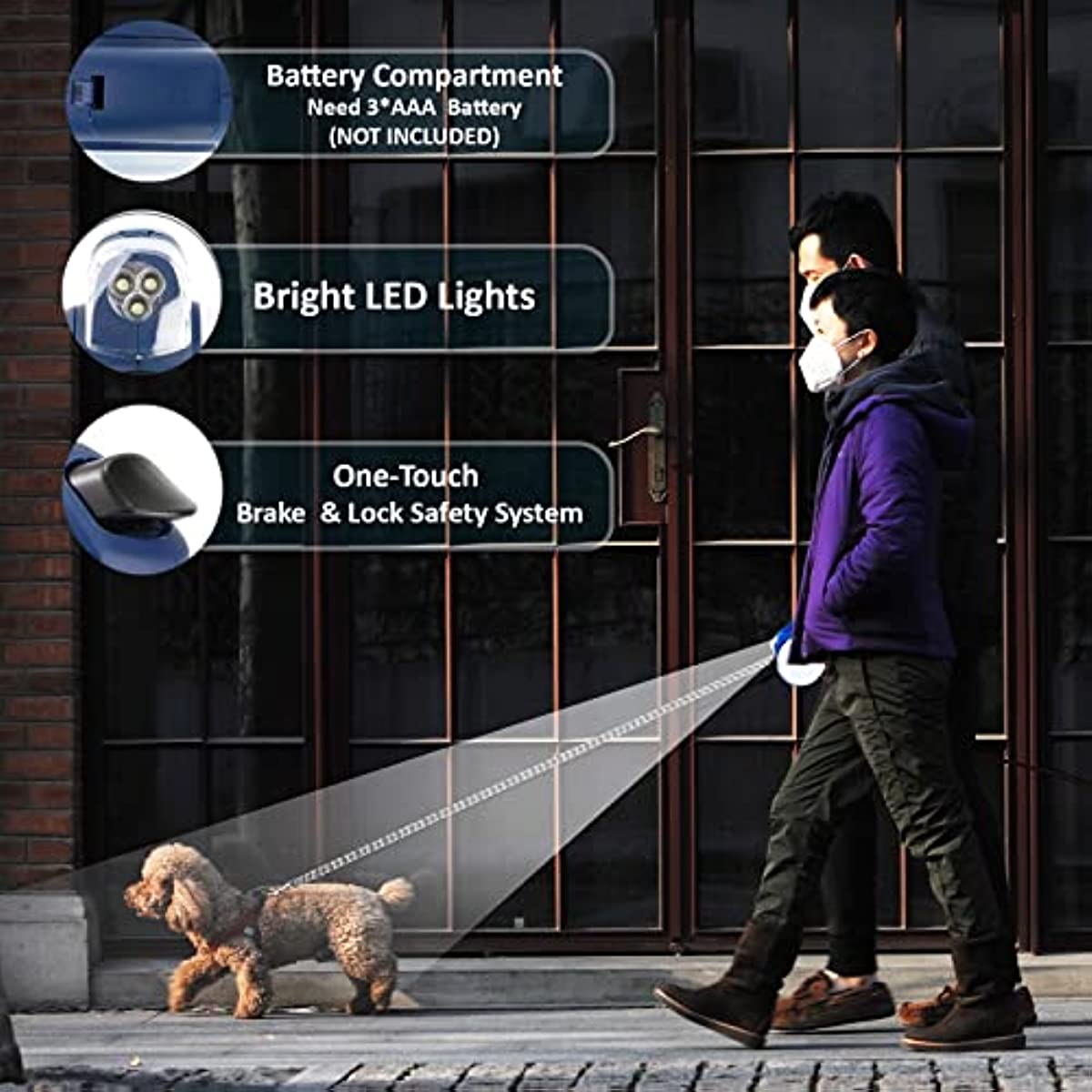 Retractable Dog Leash with Light for Night Walking Pet Leash with Poop Bag Water Bowl Food Box 13 FT Strong Dog Leash