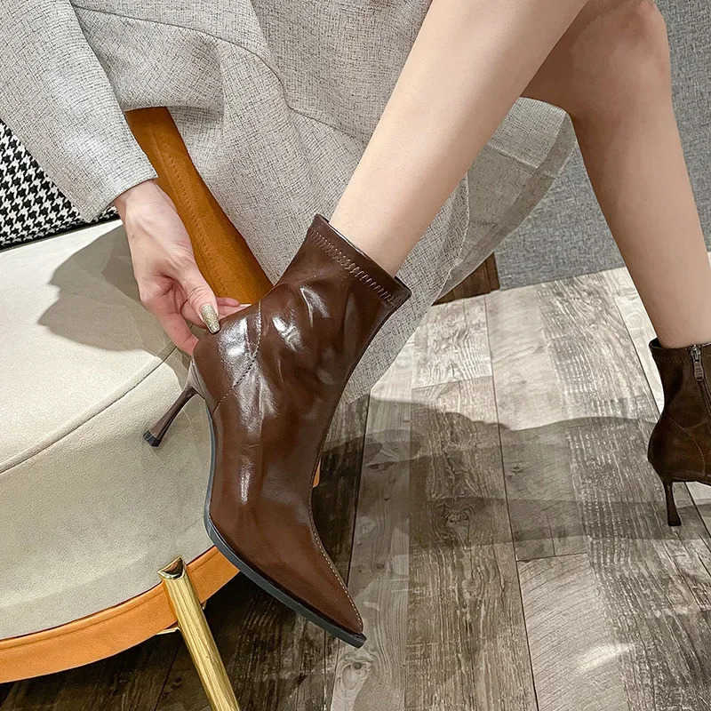 Fion Slimming Boots Elegant Pointed Leather Skinny Boots 2024 Wens Ankle Short Botas Stiletto High H Lolita Shoes Z250304