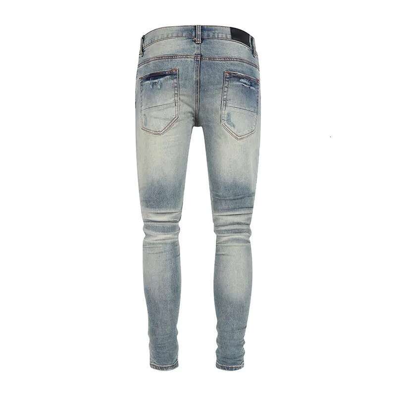 Street Fashion Retro Washed Blue Stretch Skinny Fit Ripped Jeans Men Pink Leather Patched Brand Designer Hip Hop Pants