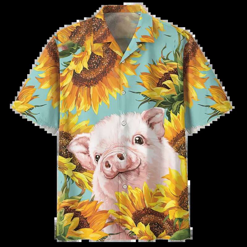 Cartoon Pig Pattern Hawaiian Men's Designer Shirt 3D Printed Animal Short Sleeved Summer New Item Collar Oversized Shirt Street Button Shirt Beac