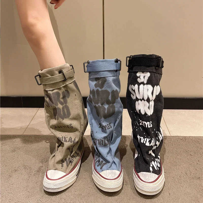 Wens Spring Graffiti High Canvas Boots Round Middle Follow Anti-slip Boots Wen Leisure Fion Rubber Sole Botas Mujer Z250304
