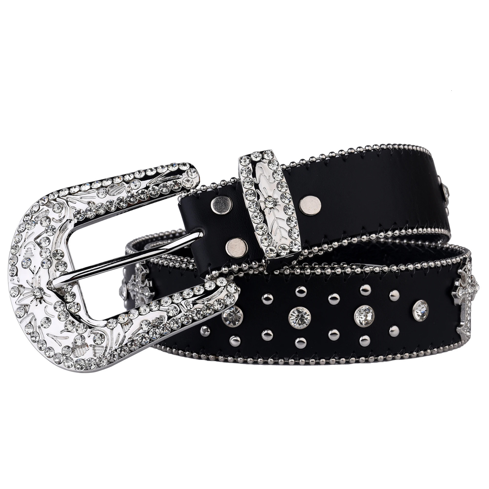 Black Cross Rivet Belt Engraved Buckle Rhinestone Decor PU Belt Hip Hop Jeans Pants Belt Punk Western Cowboy Cowgirl Belts 250227