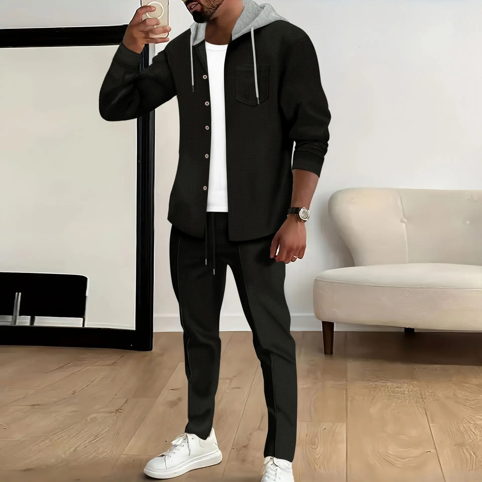 Spring and autumn Waffle mens casual slimfit hooded longsleeved cardigan matching color fashion high quality tracksuit pa 250227