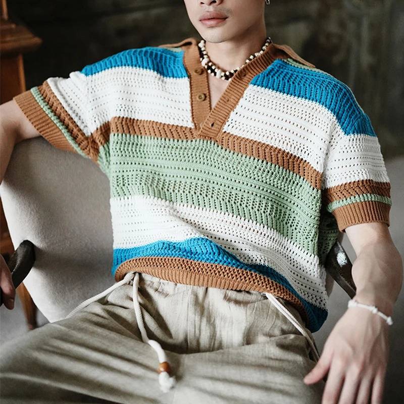 Mens Leisure Striped Hollow Out Polo Shirt Solid Color Texture Breathable Retro Streetwear Light Korean Knitwear 250304