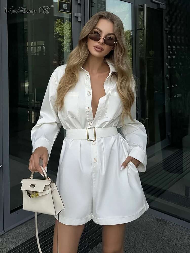 Elegant White Rompers With Belt Long Sleeves One-Piece Ladies Office Pockets 2024 Shirts Shorts Jumpsuits Woman Fall