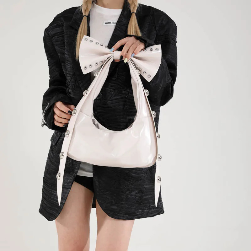 LEFTSIDE Bow Cute Rivets Small PU Leather Shoulder Bags for Women Y2K Fashion Underarm Bag Female Handbags 250228