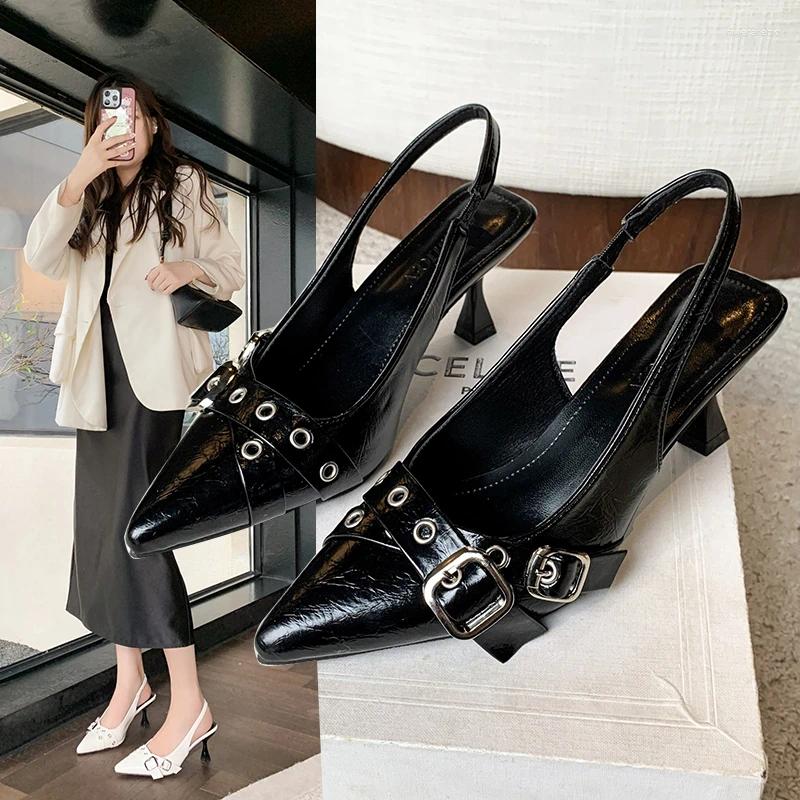 Sandals Luxury Brand Designer Women Fashion Pointed Toe Buckle Strap Metal High Heeled Kitten Heel Elegant Single Shoes Female