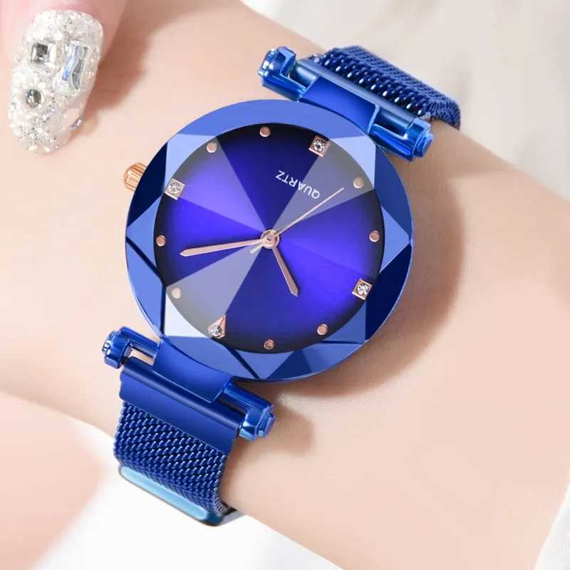 New Fashion Womens Mesh Magnet Buckle Starry Sky Leisure Luxury Womens Geometric Surface Quartz es Relogio FemininoXJ250304