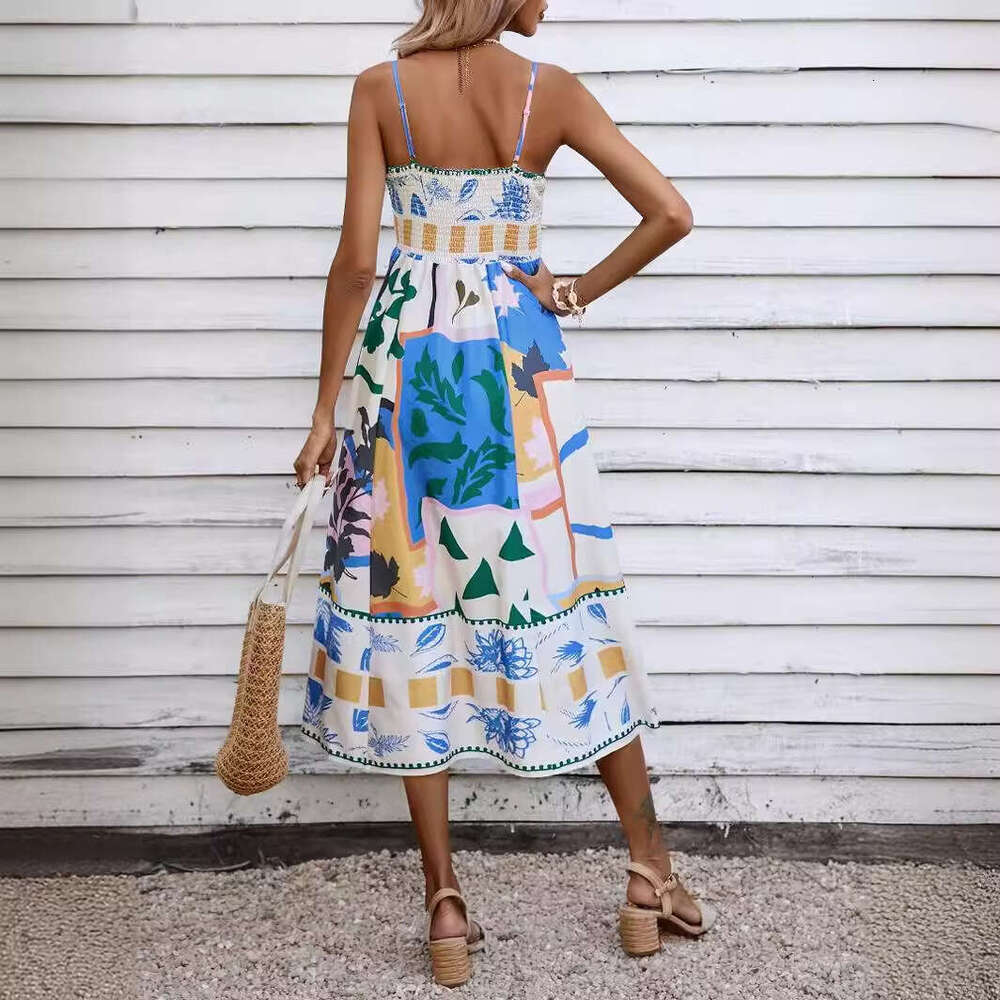 Summer Women's Sexy Positioning Printed Strap Sleeveless Swing Dress 2025 New Style Elegant Clothing