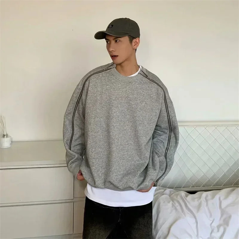 Autumn Zipper n Oneck Sweatshirts Mens Y2K Vintage Streetwear Gray Pullover Hoodies Loose Hip Hop Fashion Sweatshirt 250304