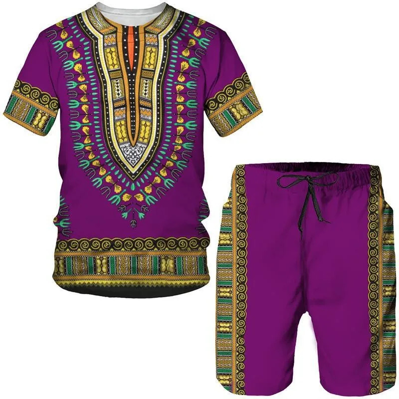 Summer Mens African Dashiki Culture Shorts Set 3D Tribal Printed Womens Short sleeve T-shirt Set Unisex Sports Casual Suit 250303