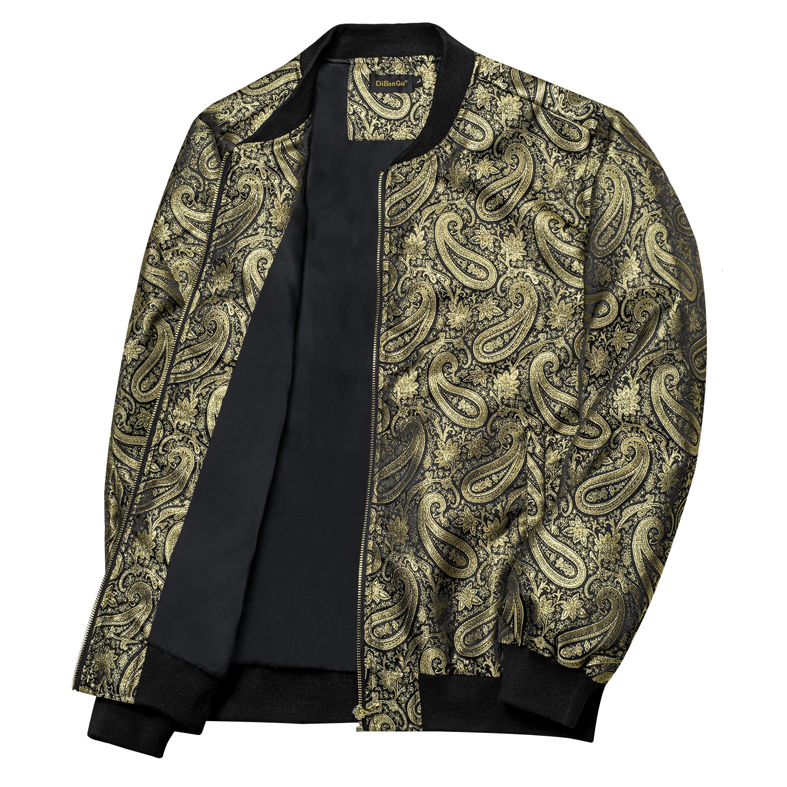Mens Black Gold Zipper Jacket Pasiley Casual Jacquard Coat Sport Streetwear High Street Baseball Uniform for Man Autumn Winter 250304