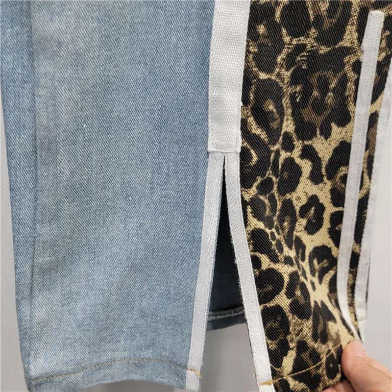 Street Hipster Ing Leopard Print For Women 2024 Autumn New Split Straight Trousers American Style High Waisted Jeans