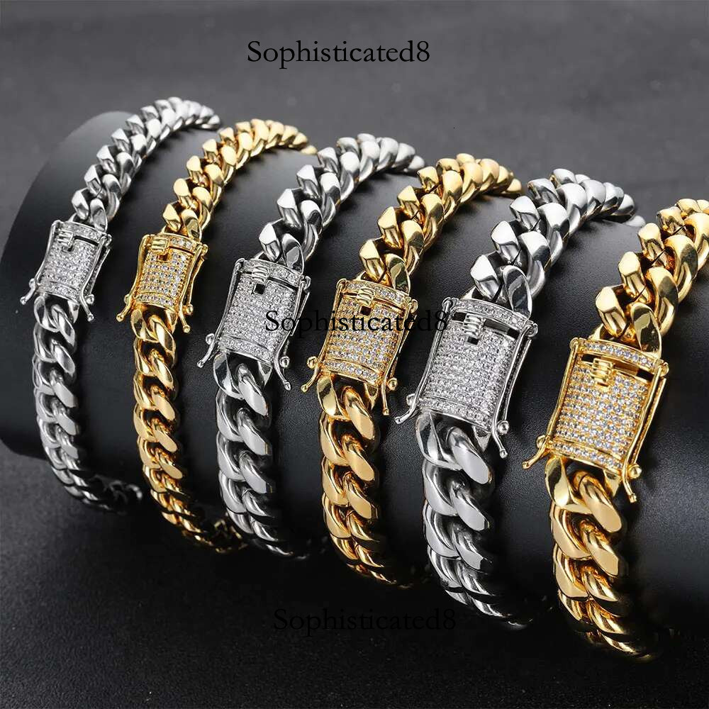 6/8/10/12/14/16MM Hip Hop Rock Zircon Clasp Cuban Bracelets For Men Stainless Steel Jewelry