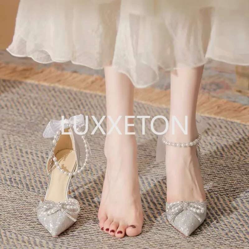 Bow Summer Fashion Pearl Women Pointed Toe Breathable and Wear Resistant Sier High Heeled Sandals