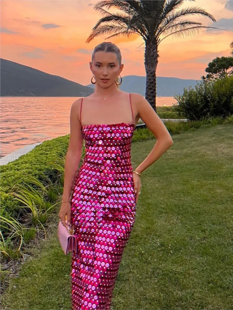 Beaded Irregular Slip Dress Sequin Holiday Halter Boho Long Dresses Sparkling Sexy Backless Slim Fit Suspender Evening Robes 250303