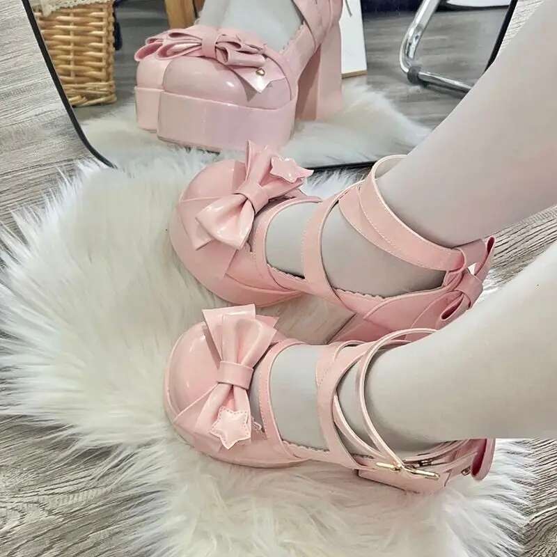 Lolita Women High Heels Woman Chunky Sandals Summer Mary Janes PU Leather Shoes Retro Bow Party Platform Pumps