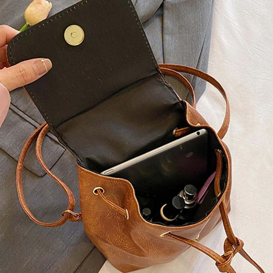 Ship from US Vintage Style PU Leather Backpack Solid Color Flap Schoolbag Casual Daypack Versatile Shoulder Bag For Women 250304FBB