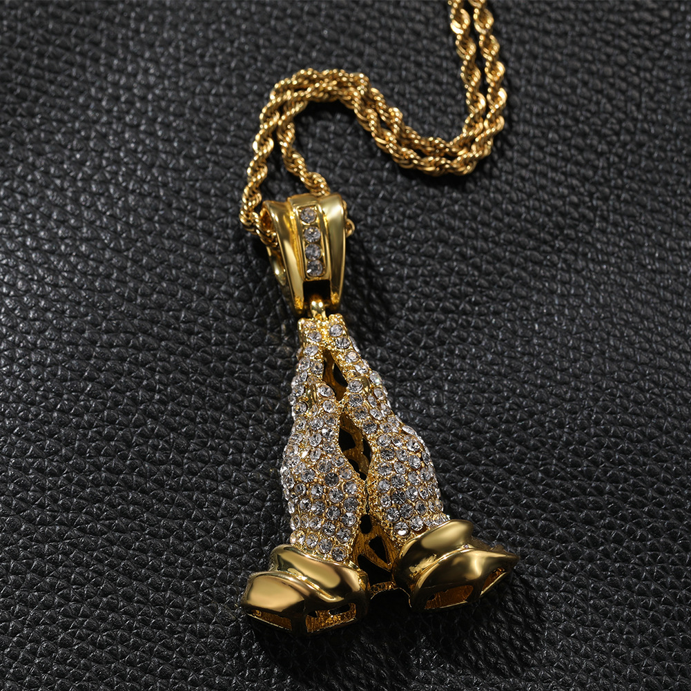 Classic Praying Hands Pendant Necklace Earrings 5A Zircon Boy Men Religion Jewelry