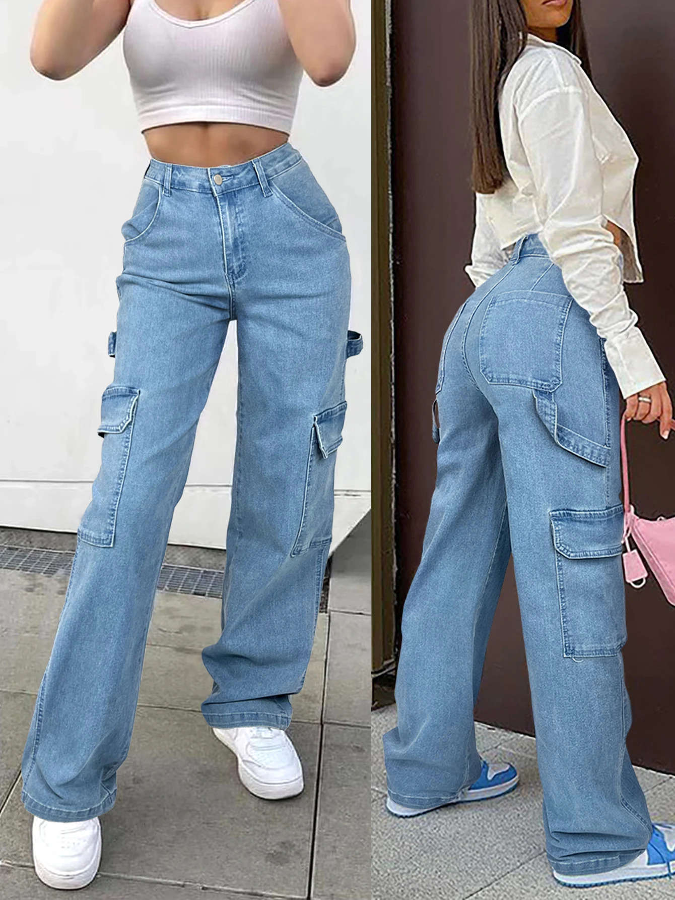 Womens pure washed blue denim top retro style fashionable pocket street jeans comfortable womens on the 250227