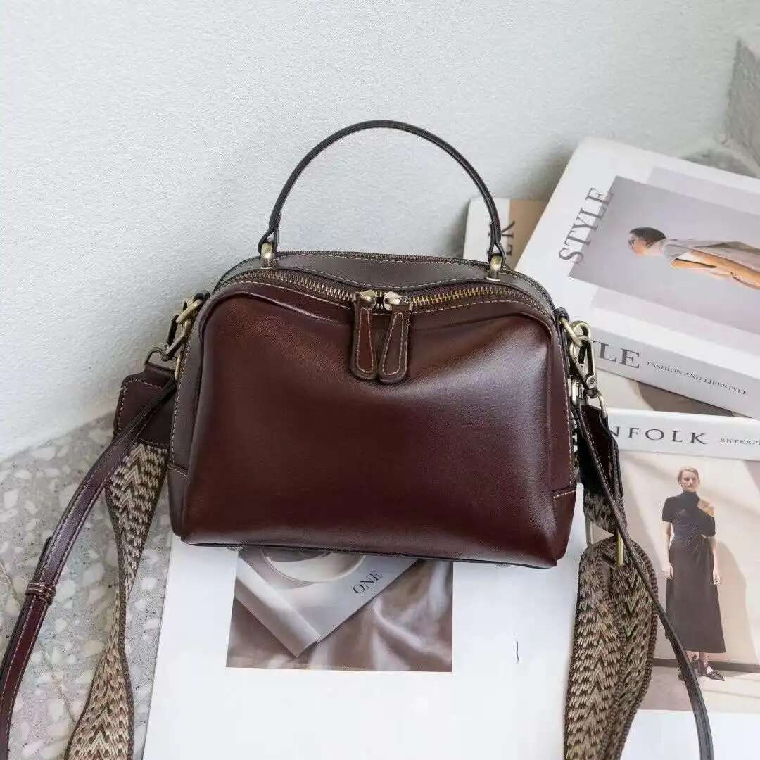 Vintage Genuine Leather Wide Strap Crossbody Shoulder Bags For Women Trend Designer Boston Tote Ladies Handbags