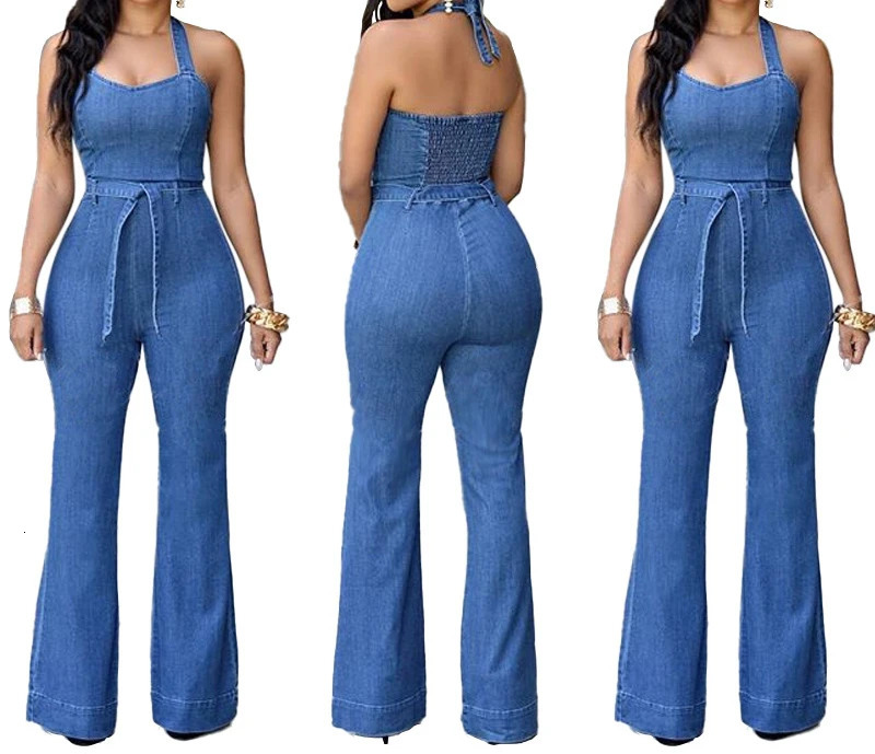 Women One Piece Solid Denim Jumpsuits Sleeveless V Neck Rompers Wide Leg Long Pants Overalls Sexy Slim Fit Hight Waist 250303