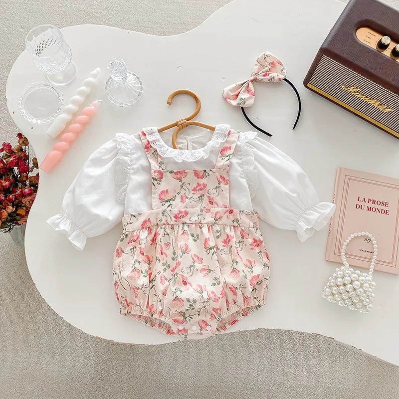 Spring and Autumn Baby Girls 2PCS Clothing Set Ruffled Cotton Shirt Flower Printed Shoulder Strap jumpsuit for Preschool Girls 250304