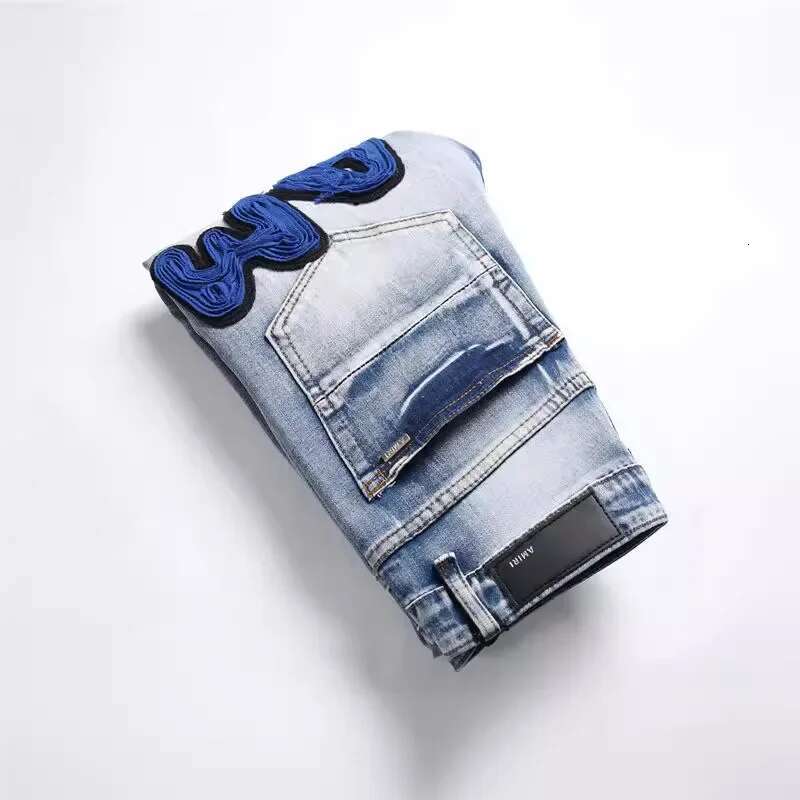 AM Light Blue Jeans Ripped Trend Elastic Slim Fit Small Feet Fashion Versatile Men's Pants